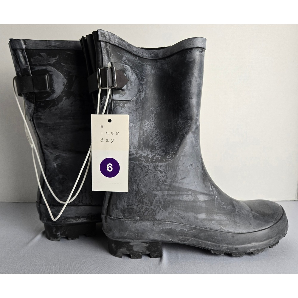 A New Day Womens Black Waterproof Rain Boots Mid Calf Buckle F00321805 Size 6